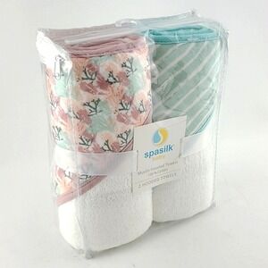 NIB Spasilk Baby Set of 2 Hooded Terry Towels Floral Stripe Pink Mint